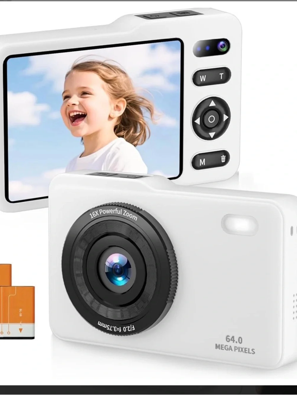 Compact 64MP White Digital Camera with 16x Zoom